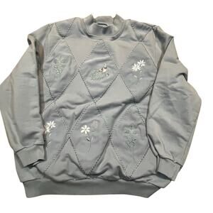 Vintage Women XL Blue Argyle Sweatshirt Bird Floral Embroidered Cottagecore‎